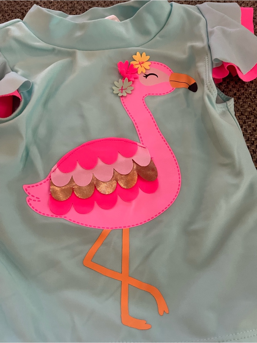Girls Aqua & Pink Flamingo Ruffle Rashguard Set - Picture 2 of 3